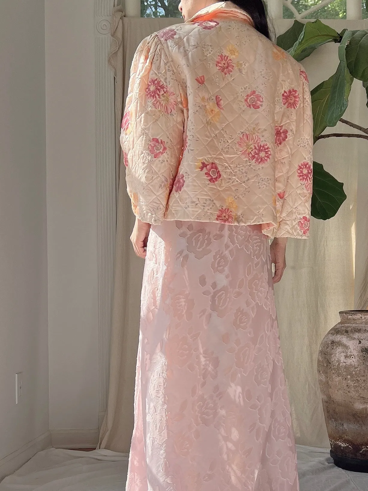 1930s Floral Satin Quilted Jacket - S/M