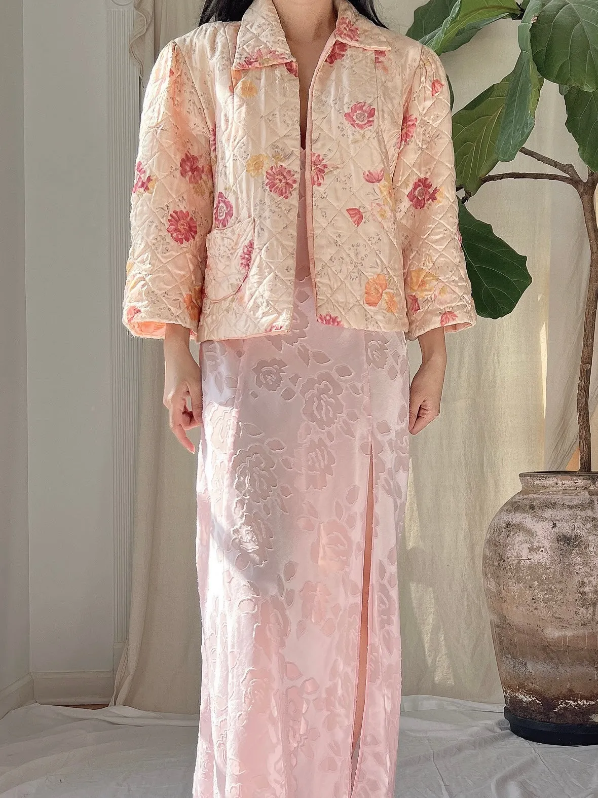 1930s Floral Satin Quilted Jacket - S/M