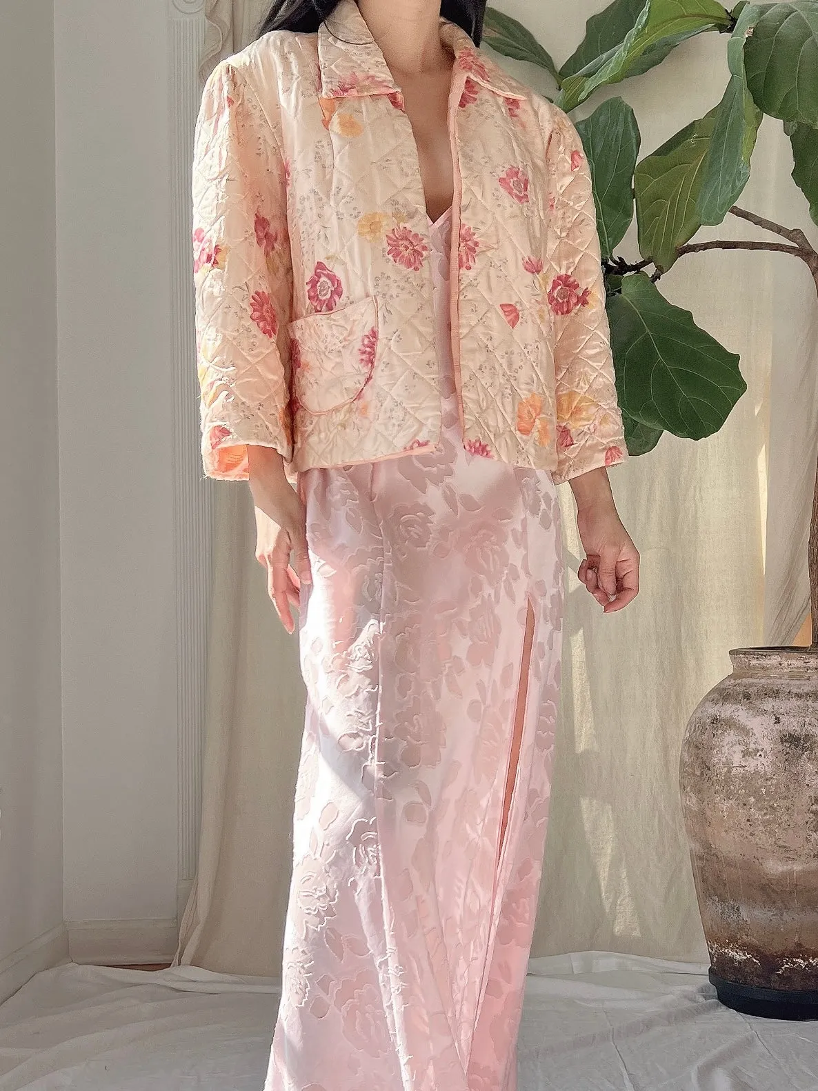 1930s Floral Satin Quilted Jacket - S/M