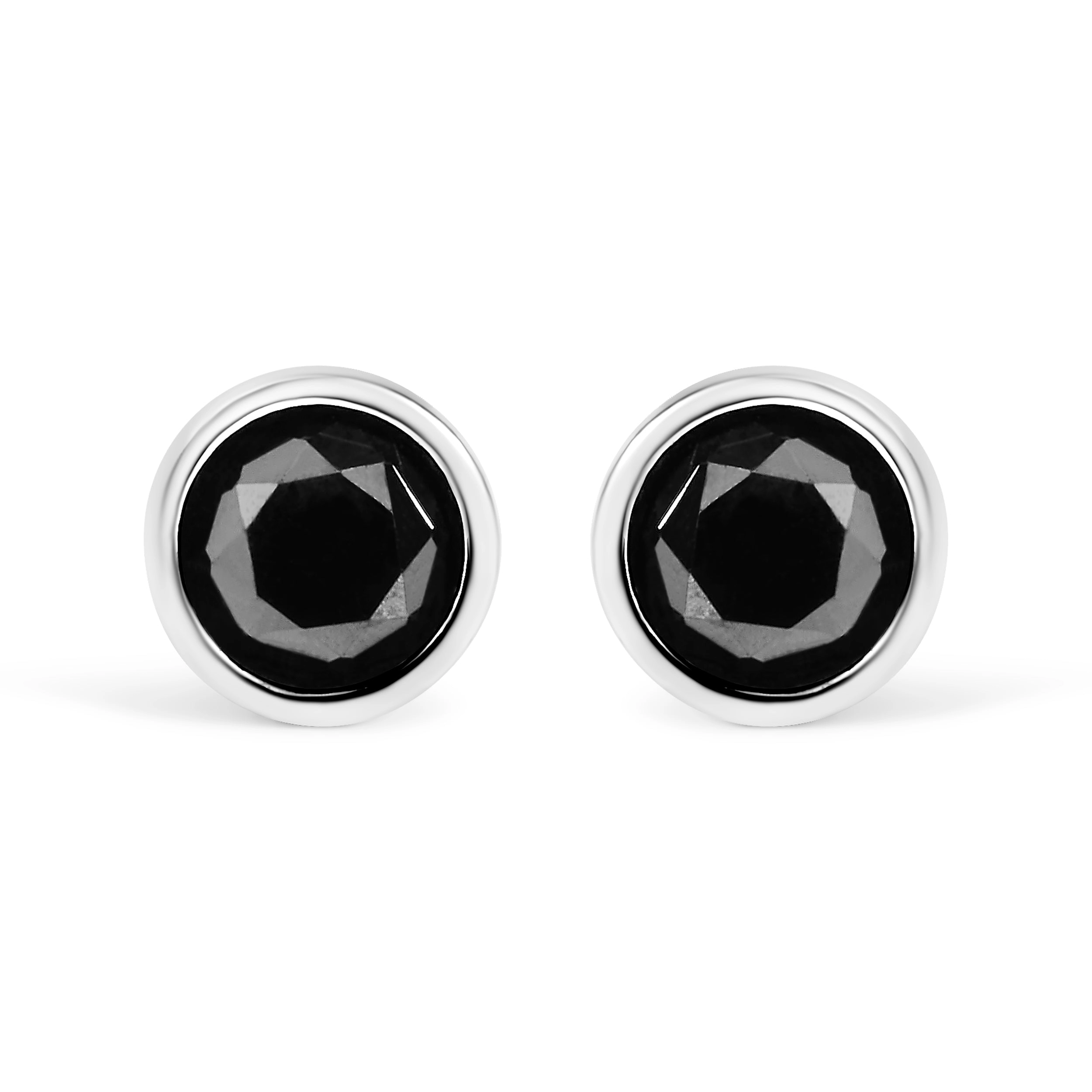 .925 Sterling Silver Round Brilliant-Cut Black Diamond Bezel-Set Stud Earrings with Screw Backs