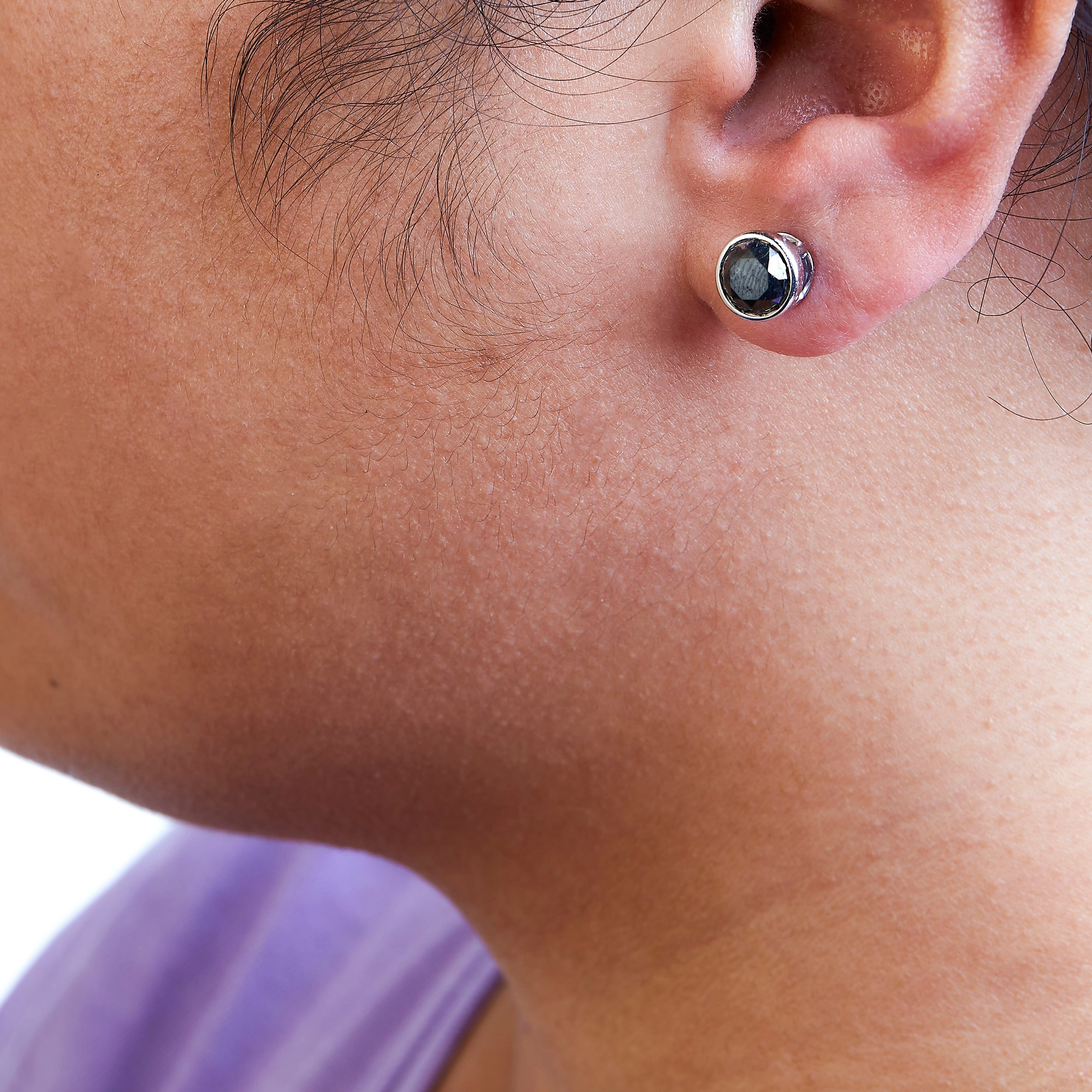 .925 Sterling Silver Round Brilliant-Cut Black Diamond Bezel-Set Stud Earrings with Screw Backs