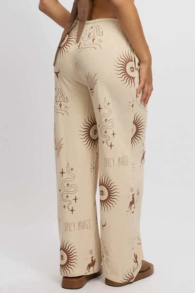 Beige Abstract Wide Leg Pants High Rise