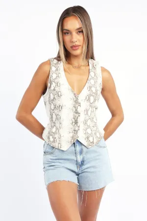 Beige Animal Print Denim Vest Sleeveless V-neck Button Up