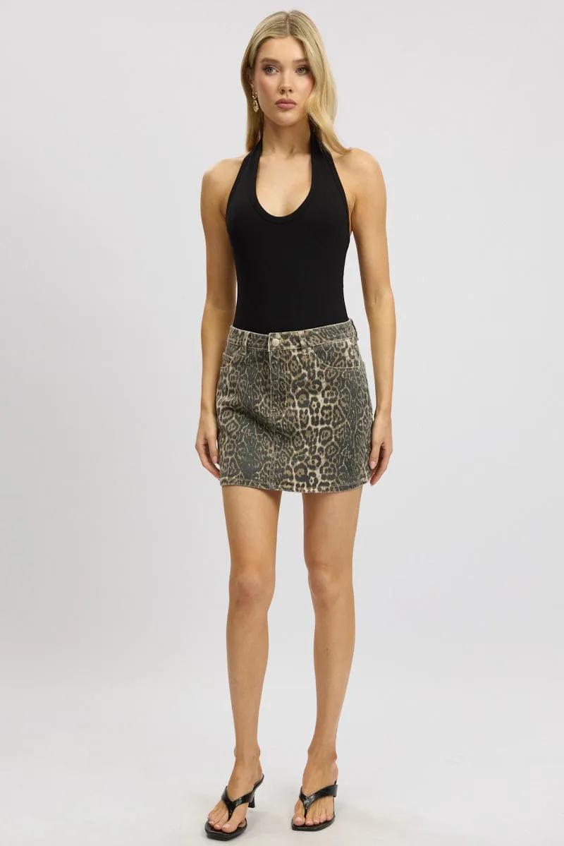 Beige Animal Print Mini Skirt Mid Rise Leopard Denim