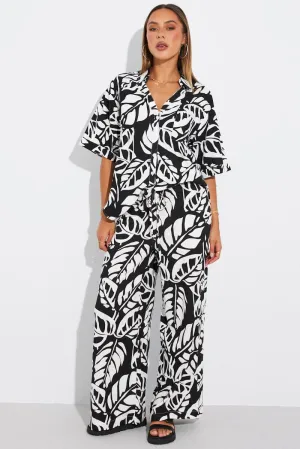 Black Abstract Wide Leg Pants Mid Rise