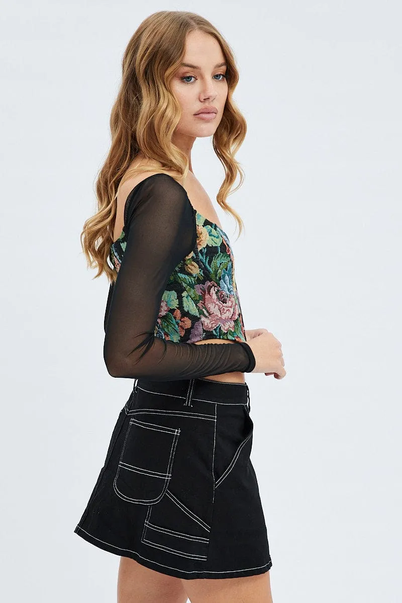 Black Mirco Mini Skirt Mid-Rise A-Line Cargo