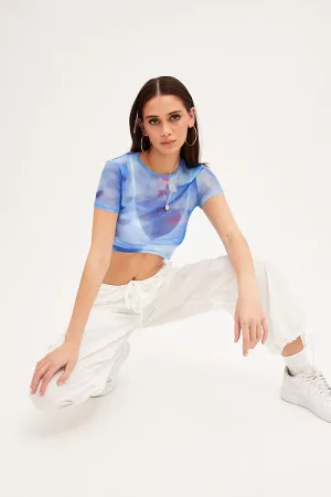 Blue Abstract Landscape Print Mesh Short Sleeve Top
