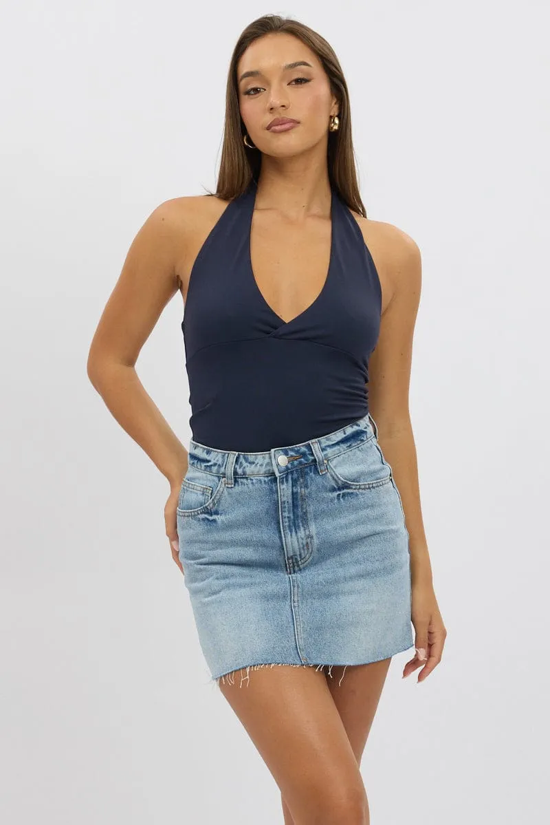 Blue Halter Neck Top V Neck Supersoft