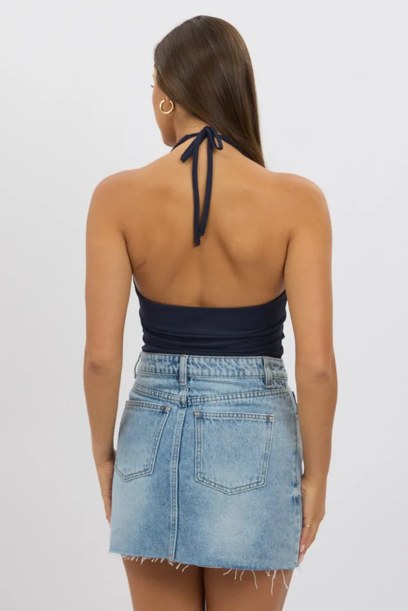 Blue Halter Neck Top V Neck Supersoft