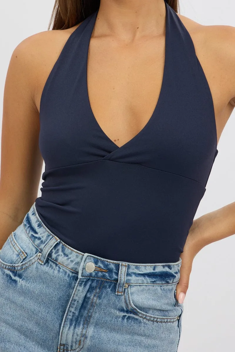 Blue Halter Neck Top V Neck Supersoft