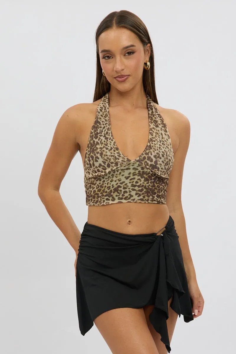 Brown Animal Print Halter Neck Top Tie Back Mesh