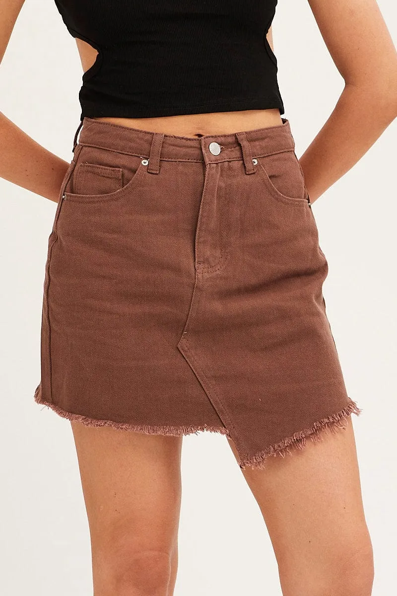 Brown Denim Skirt Mini Asymmetric Hem