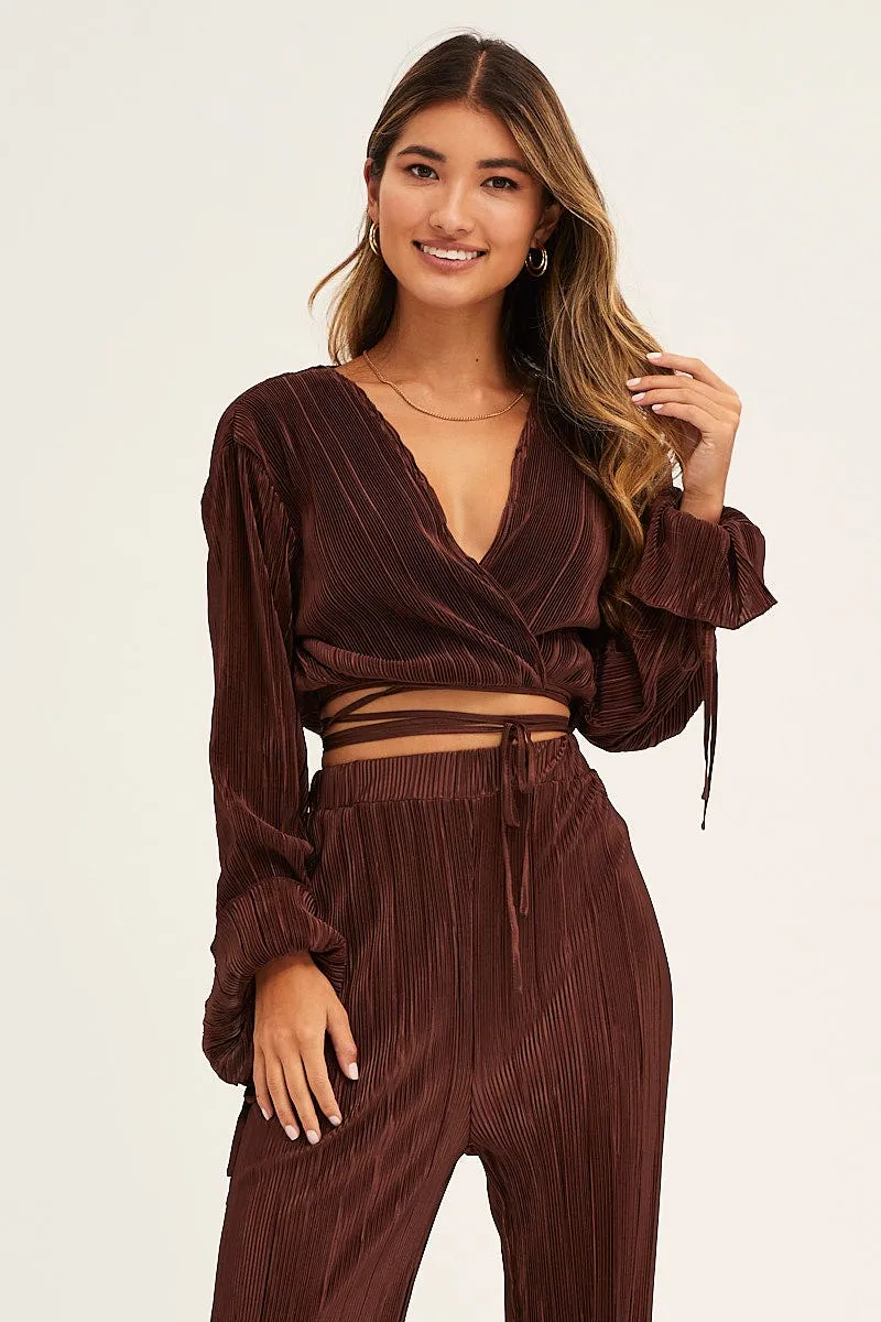 Brown Plisse Pants Wide Leg High Rise