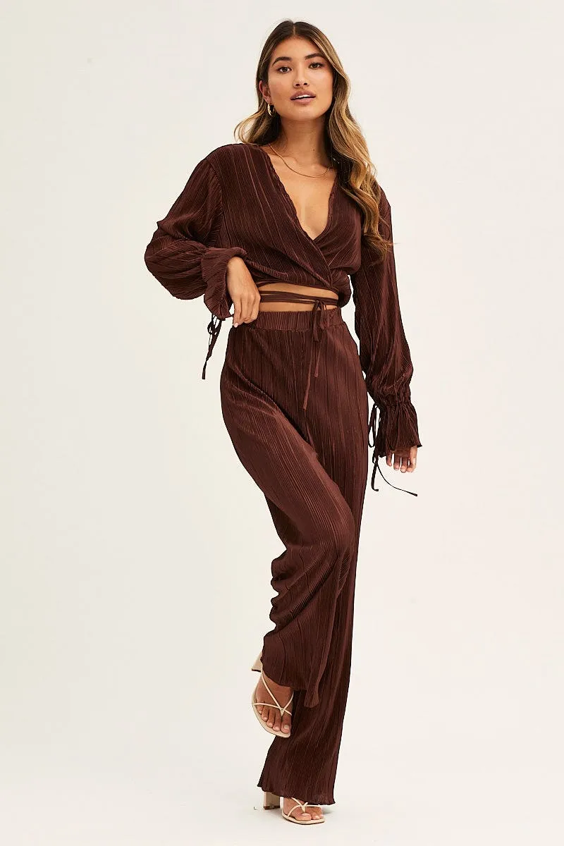 Brown Plisse Pants Wide Leg High Rise