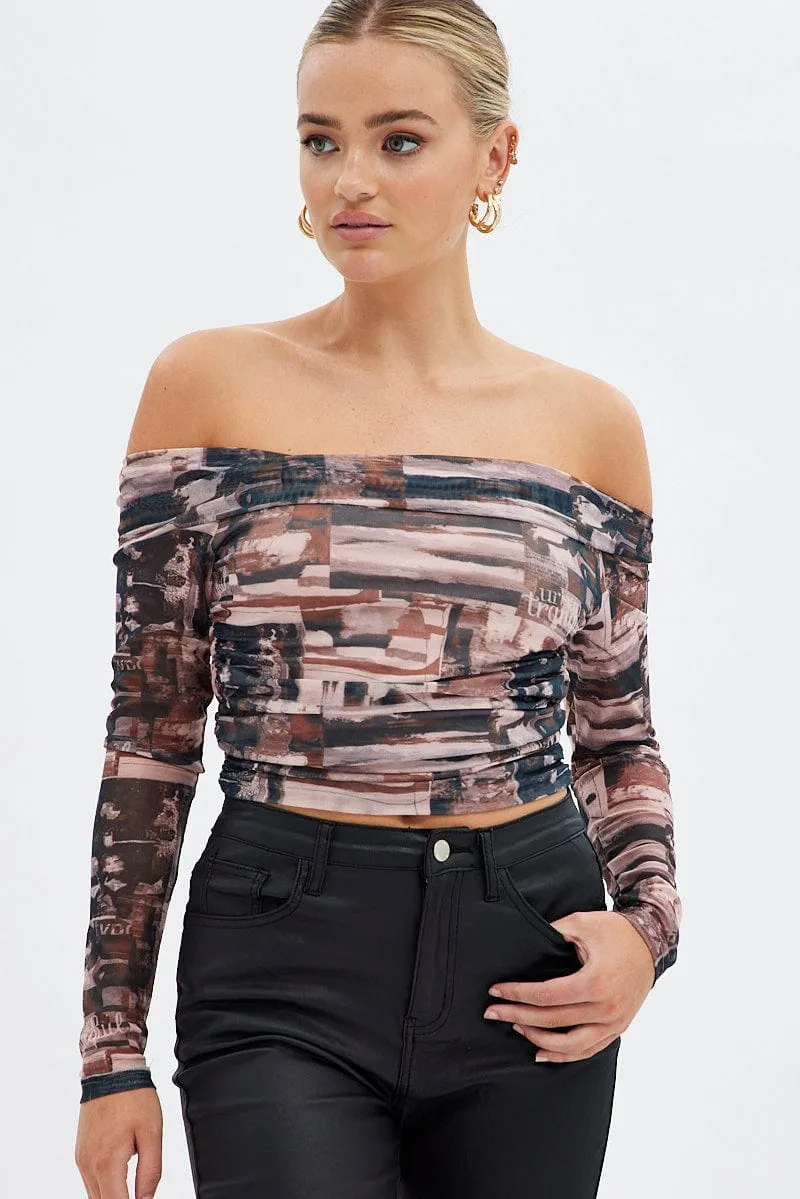 Brown Print Bardot Top Long Sleeve Off Shoulder Mesh Crop