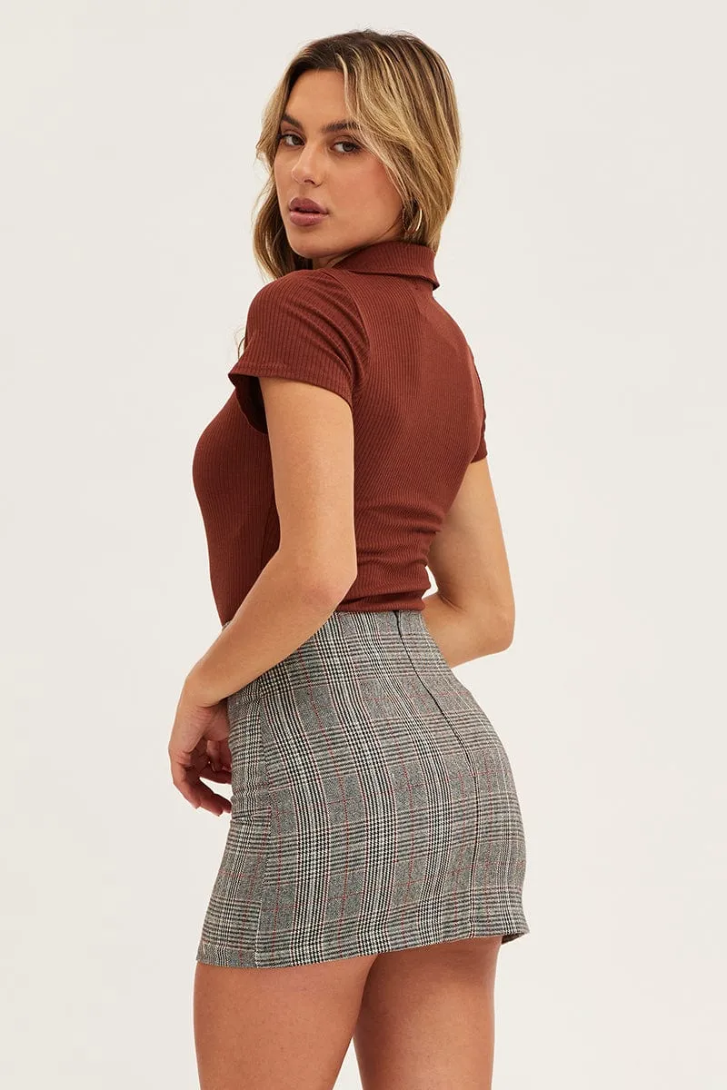 Brown Short Sleeve Rib Jersey V Neck Bodysuit