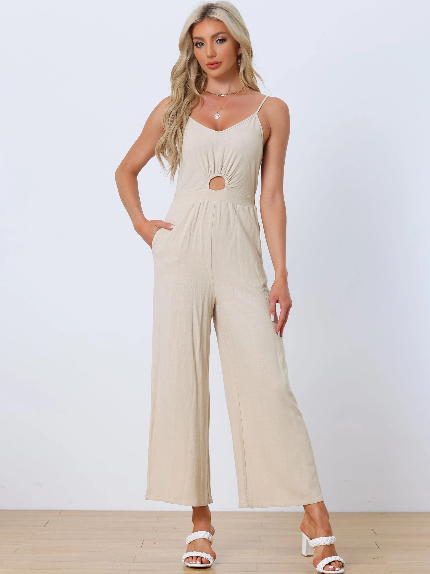 Casual Spaghetti Strap Cut Out Wide Leg Jumpsuit