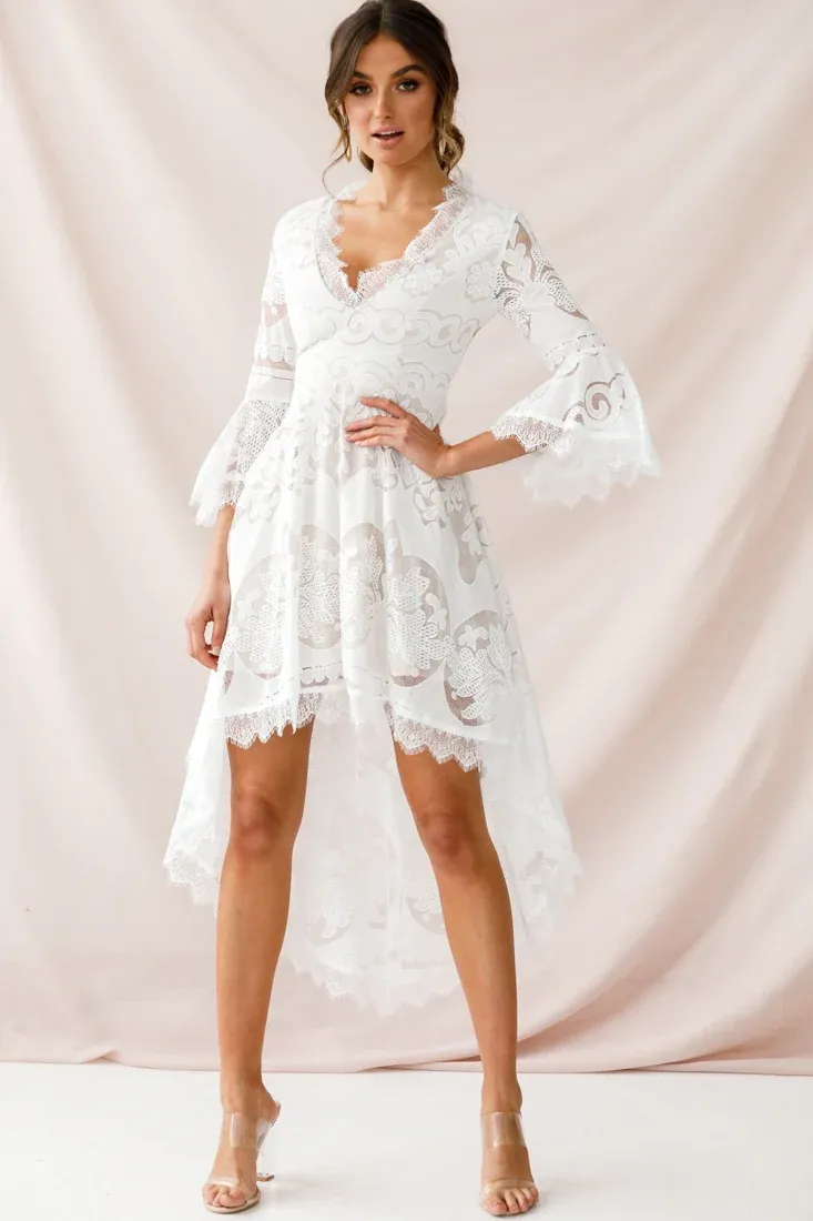 Chantilly High-Low Bell Sleeve Dress White