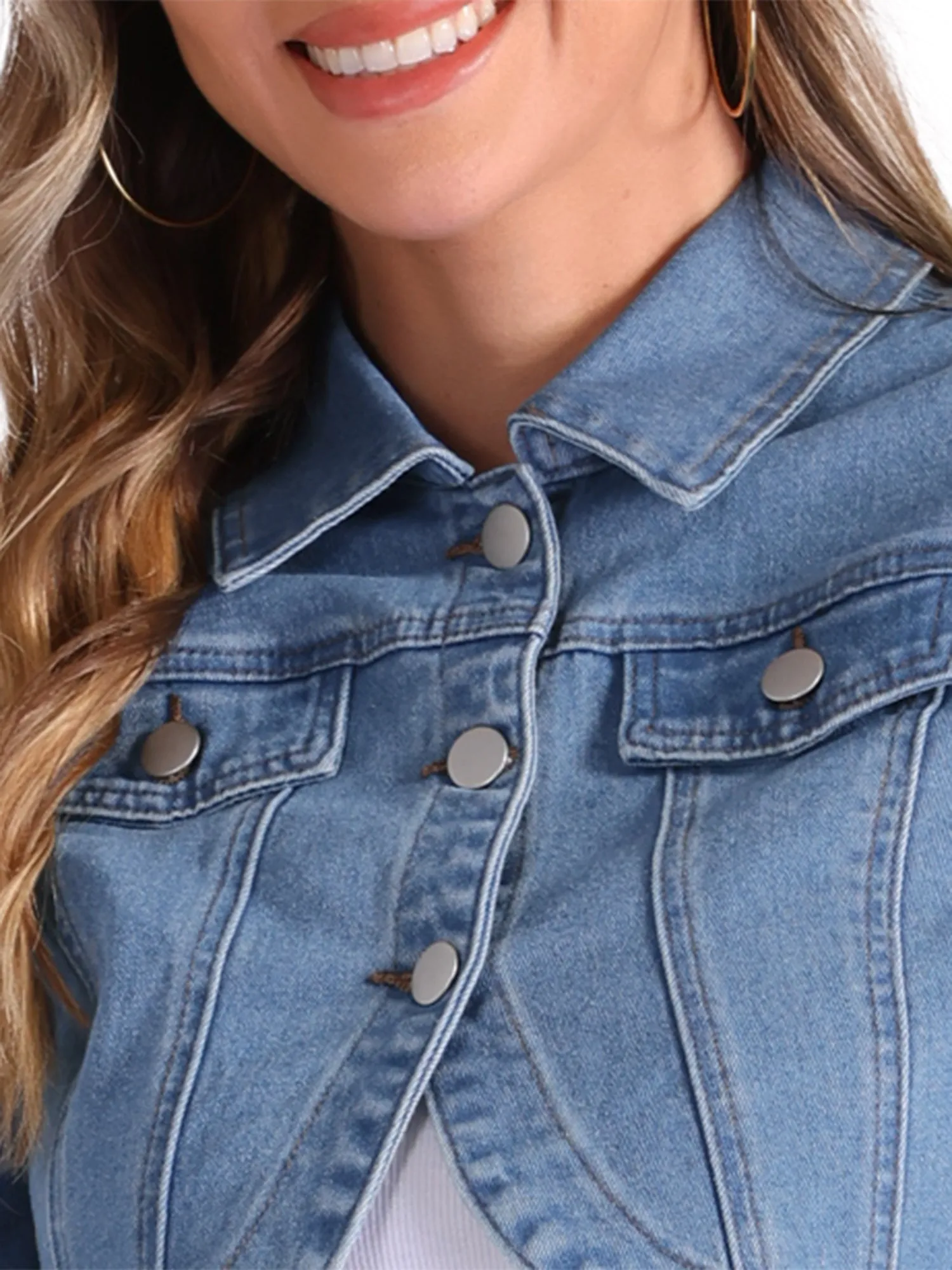 Collared Button Down Long Sleeve Denim Crop Jean Jacket