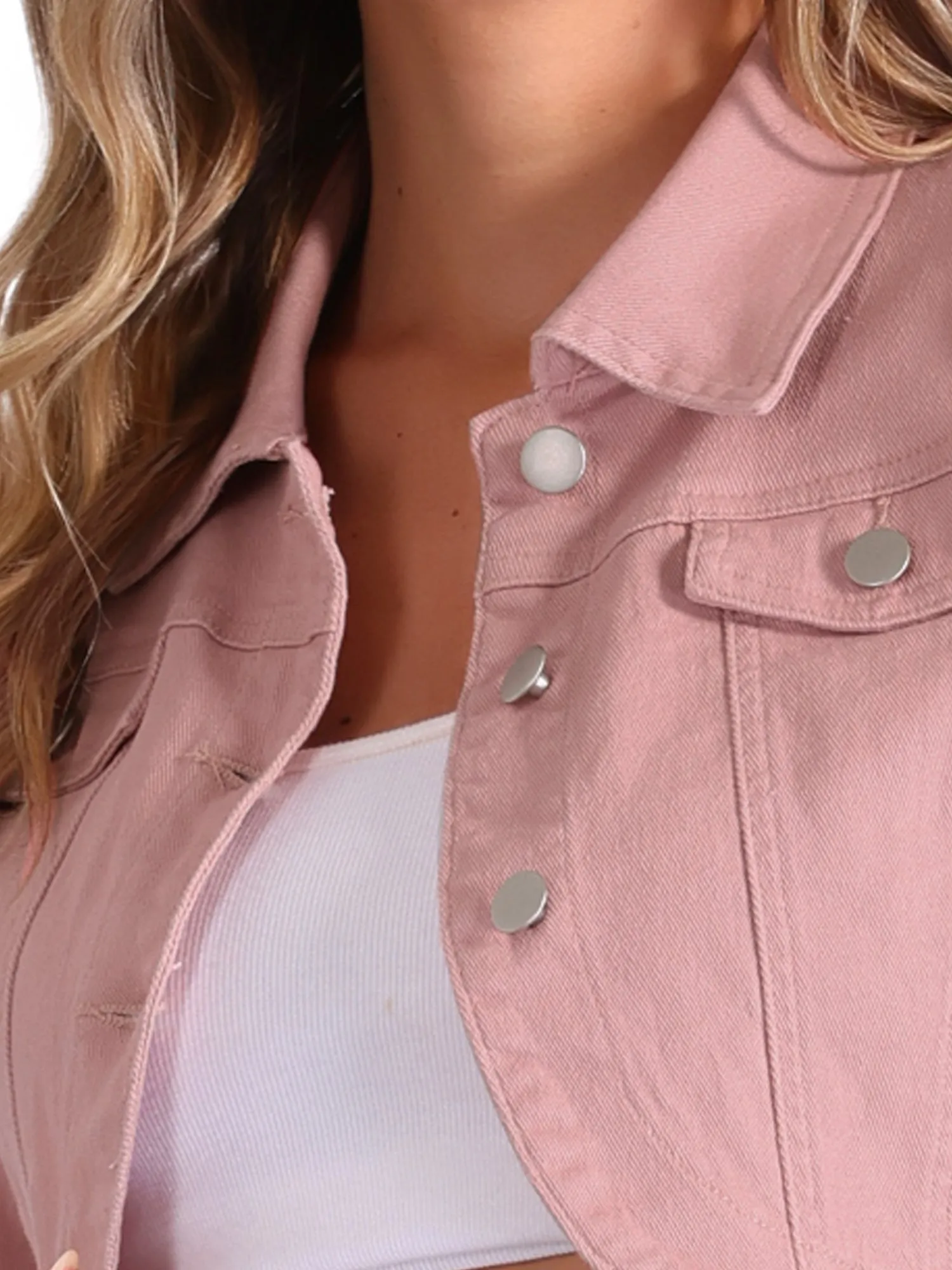 Collared Button Down Long Sleeve Denim Crop Jean Jacket