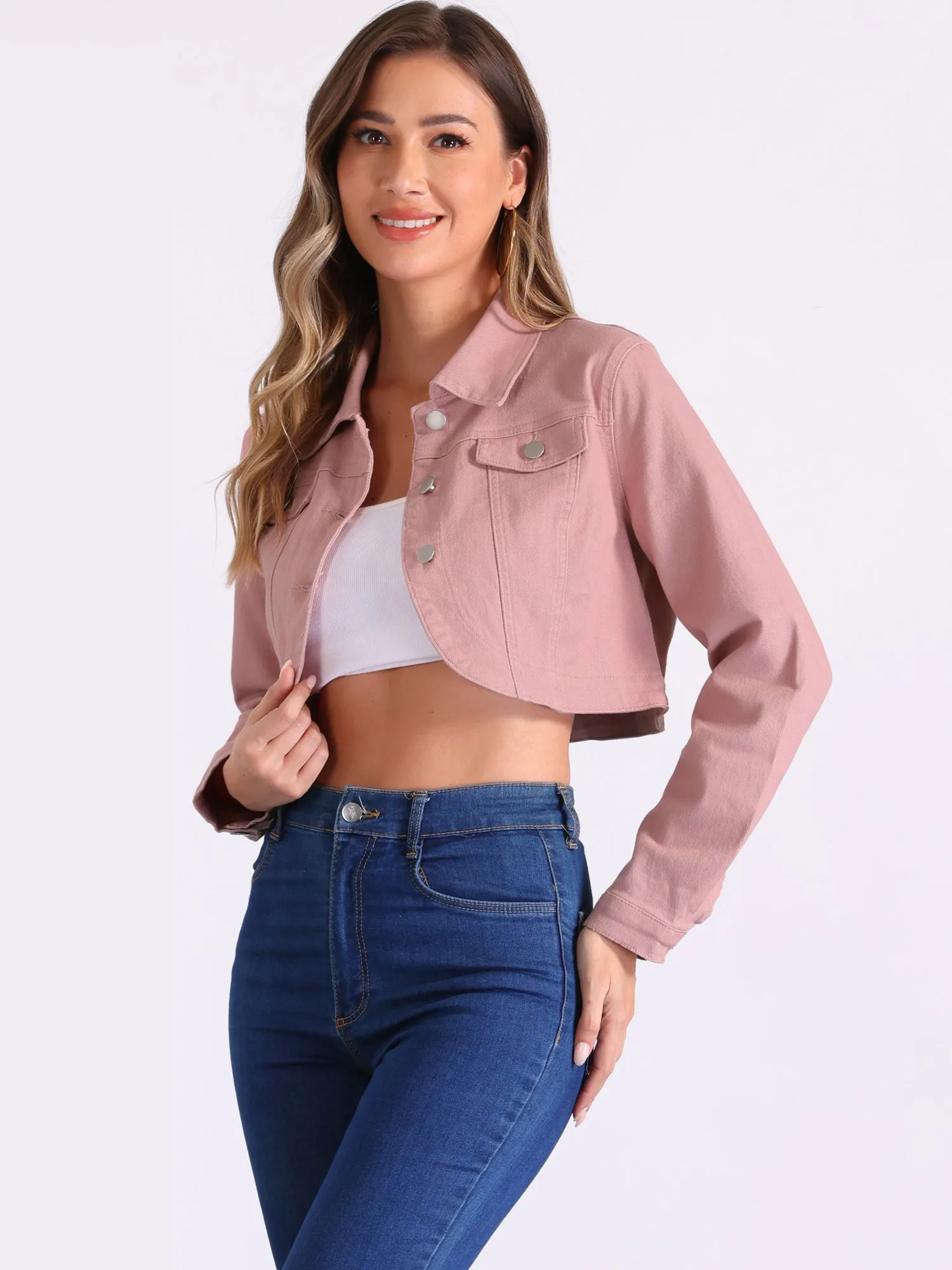 Collared Button Down Long Sleeve Denim Crop Jean Jacket