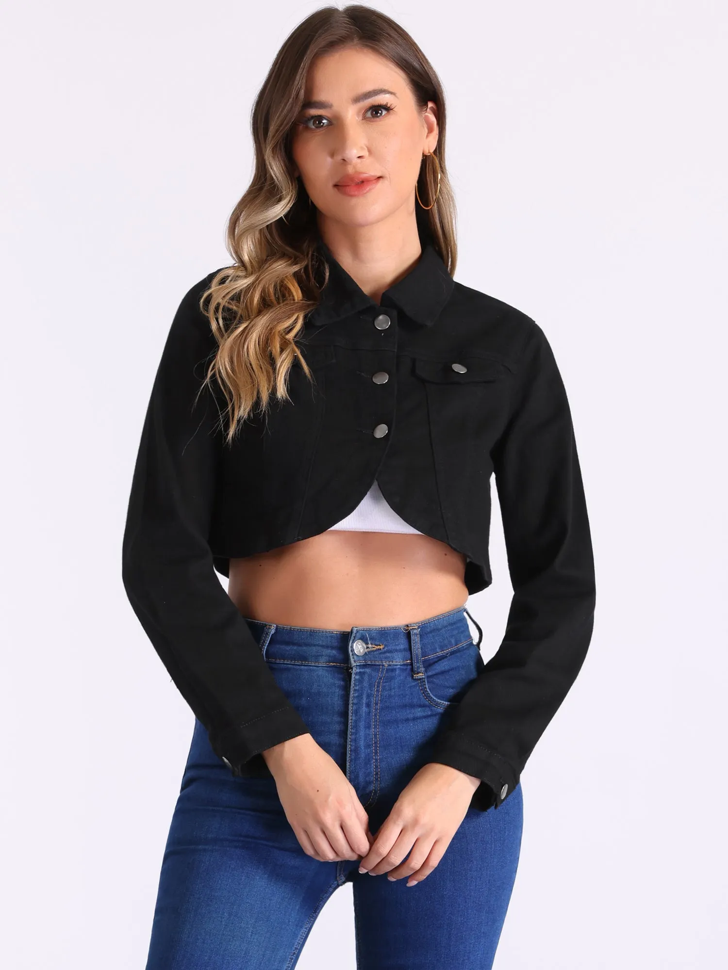 Collared Button Down Long Sleeve Denim Crop Jean Jacket