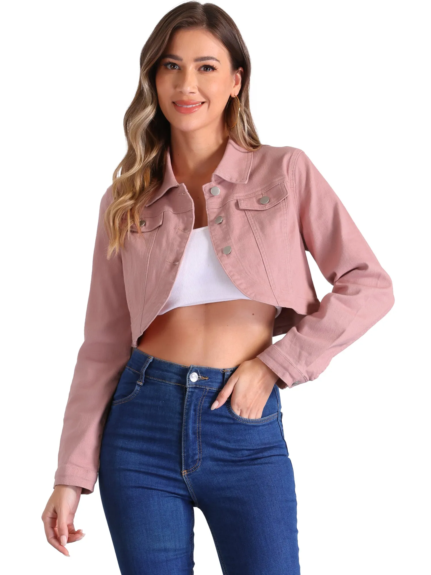 Collared Button Down Long Sleeve Denim Crop Jean Jacket