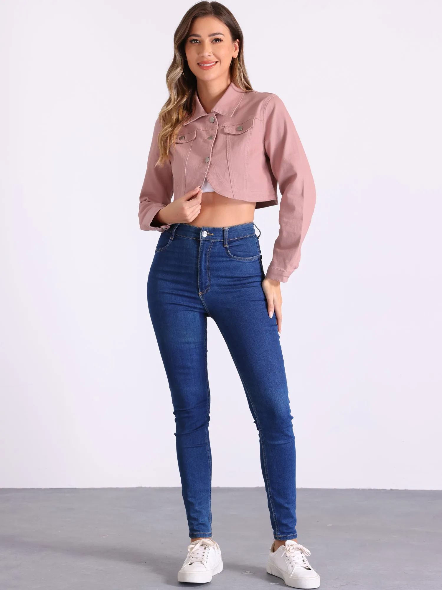 Collared Button Down Long Sleeve Denim Crop Jean Jacket