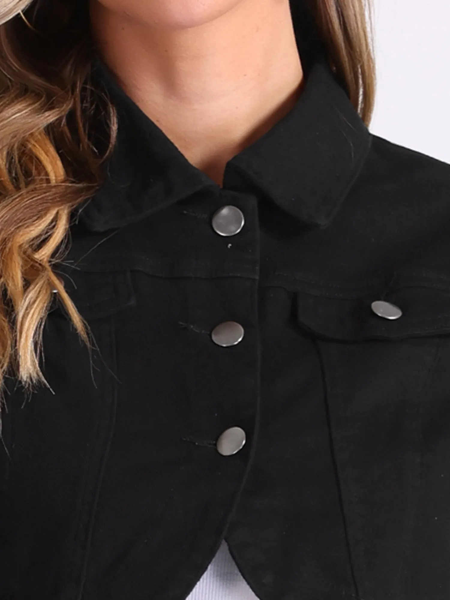 Collared Button Down Long Sleeve Denim Crop Jean Jacket
