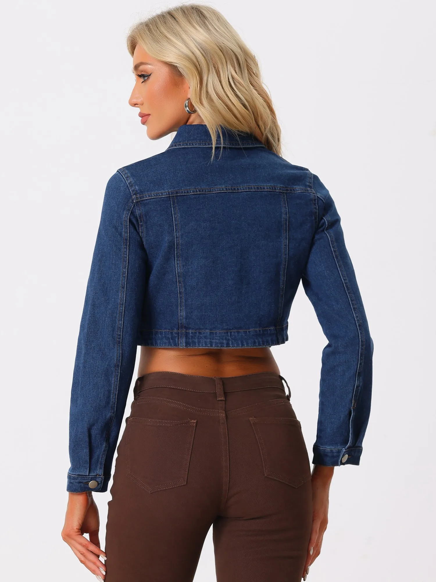 Collared Button Down Long Sleeve Denim Crop Jean Jacket