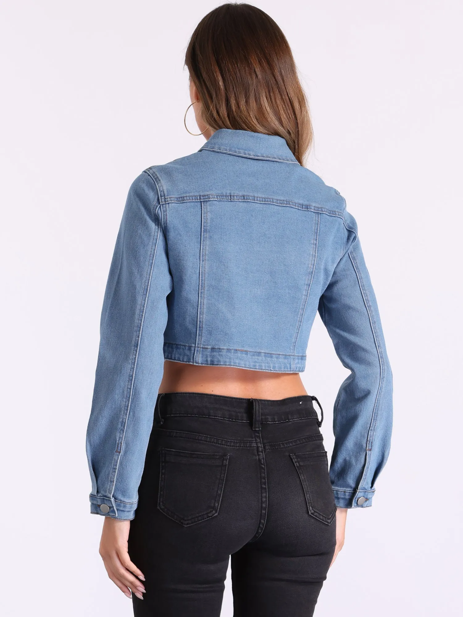 Collared Button Down Long Sleeve Denim Crop Jean Jacket