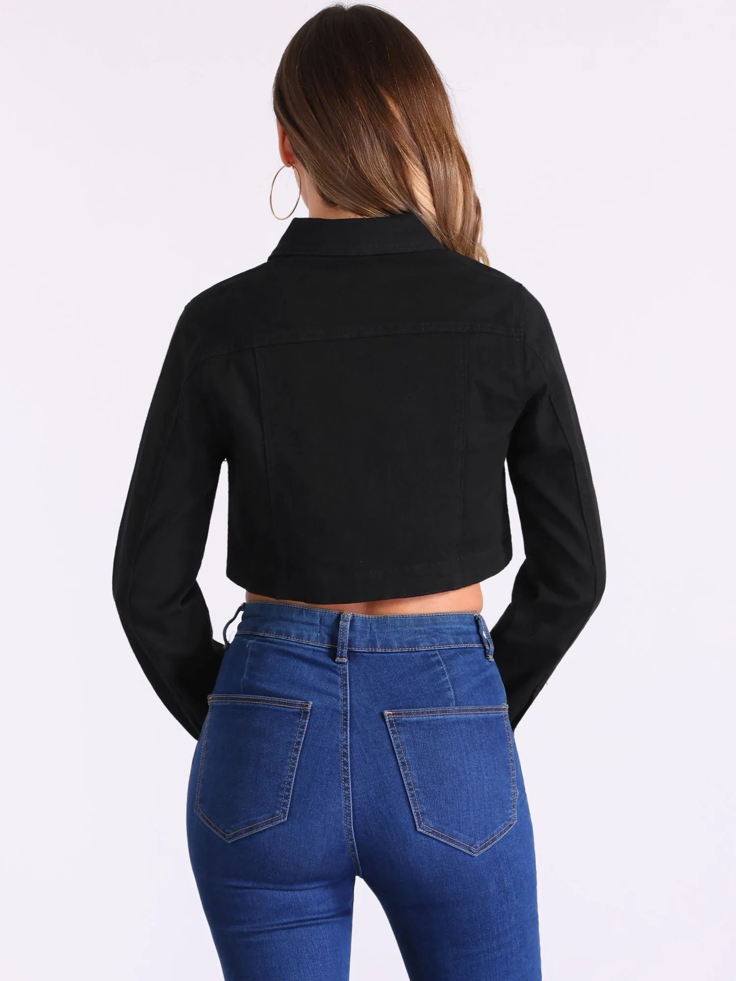 Collared Button Down Long Sleeve Denim Crop Jean Jacket