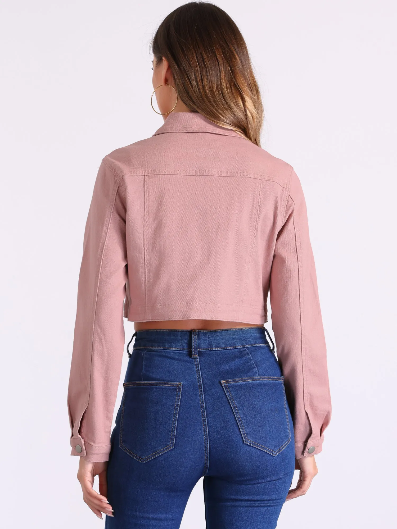 Collared Button Down Long Sleeve Denim Crop Jean Jacket
