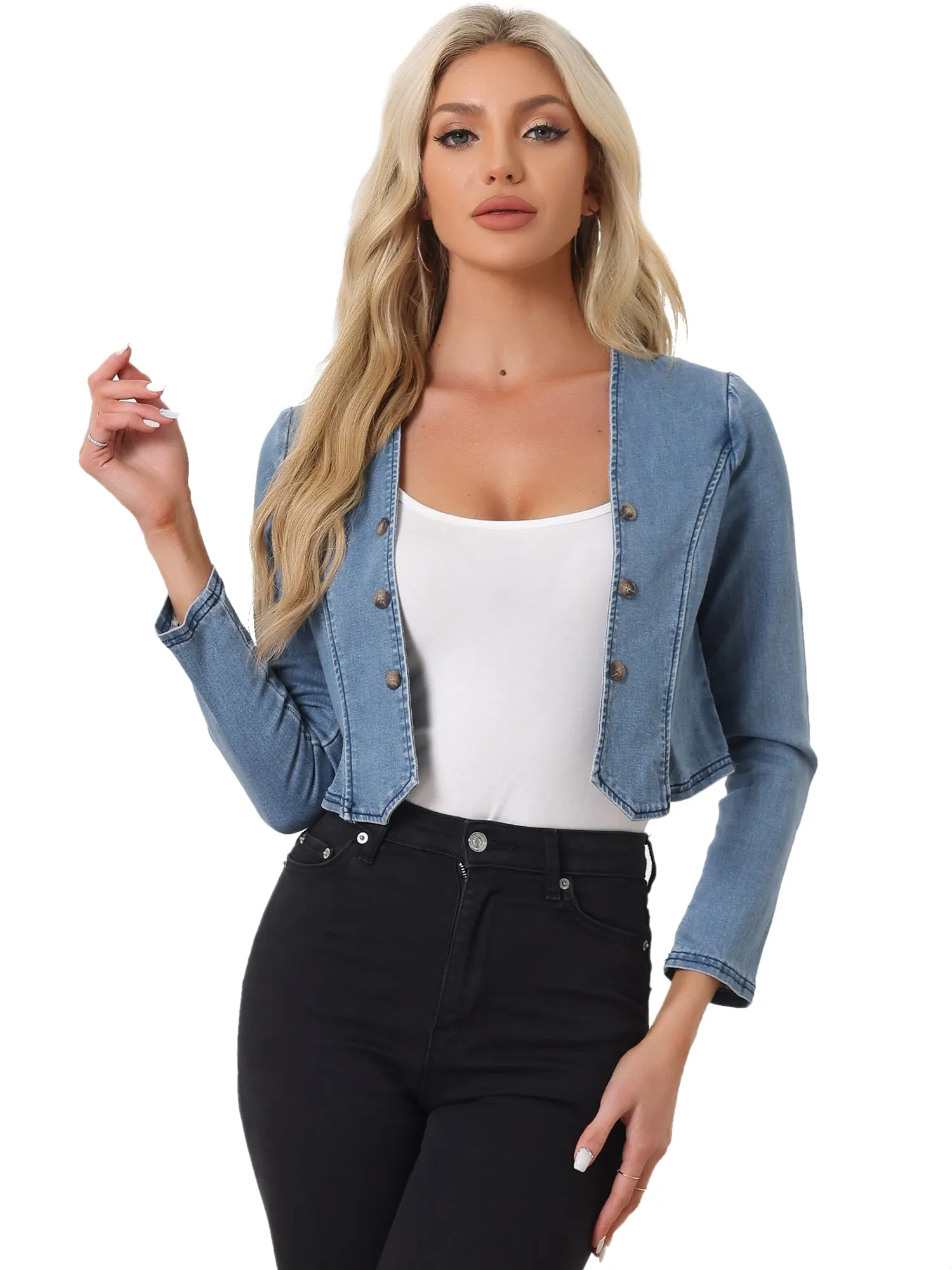 Collarless Open Front Casual Crop Denim Jacket