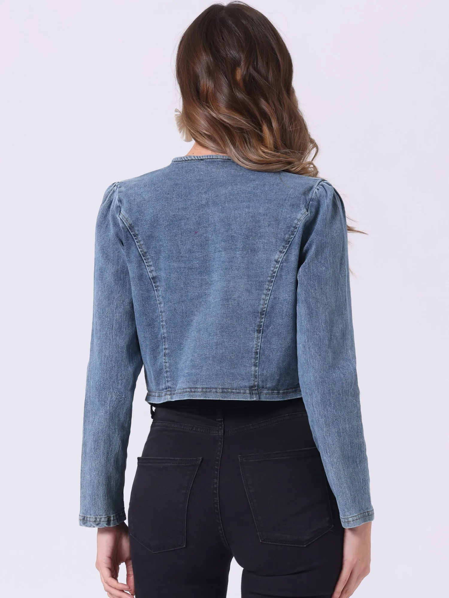 Collarless Open Front Casual Crop Denim Jacket
