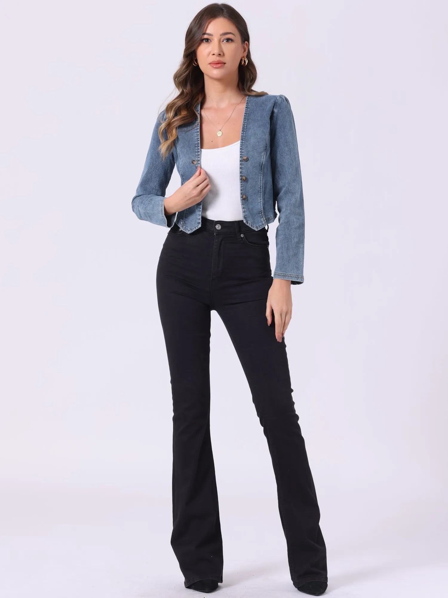 Collarless Open Front Casual Crop Denim Jacket