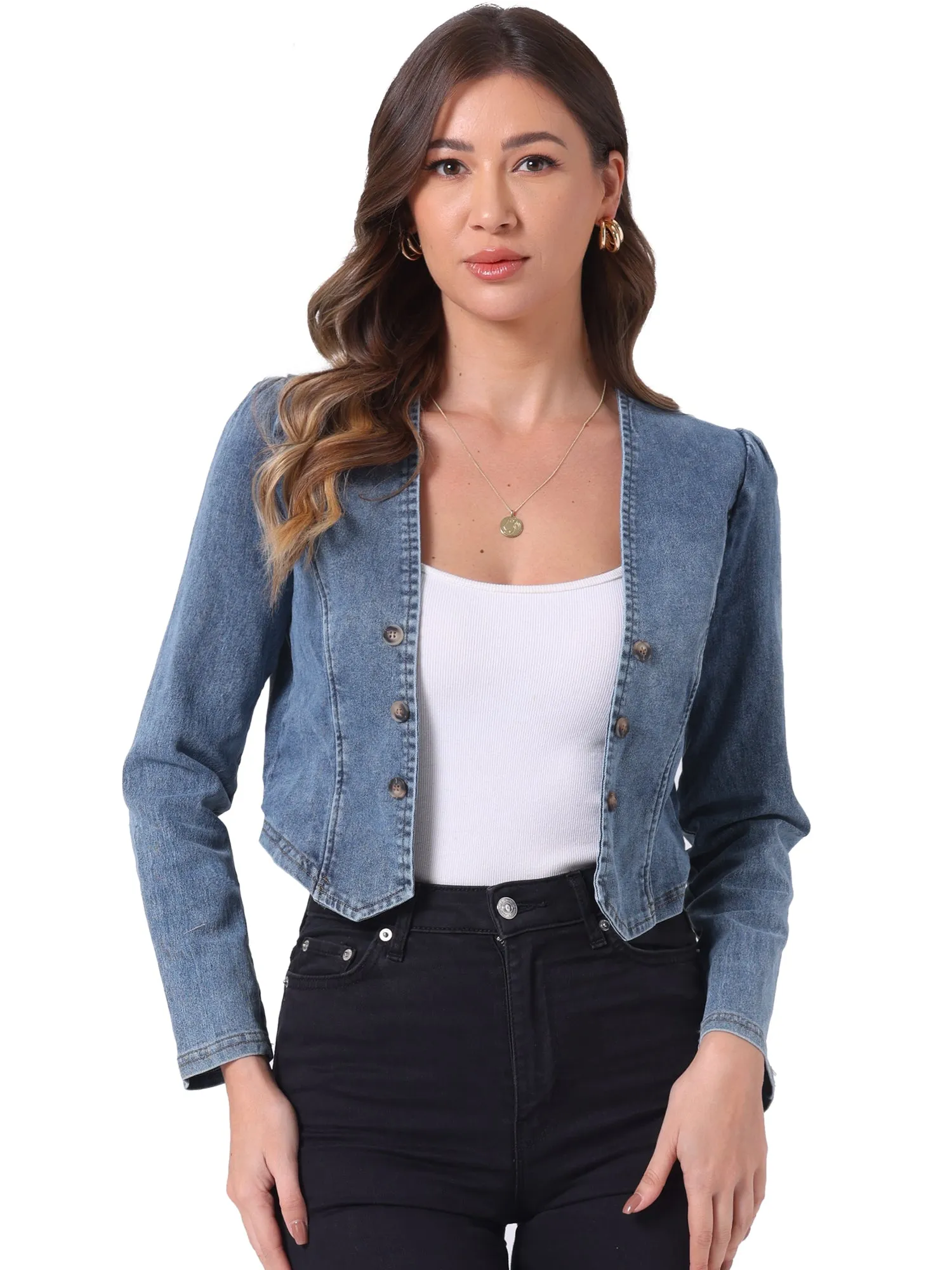 Collarless Open Front Casual Crop Denim Jacket