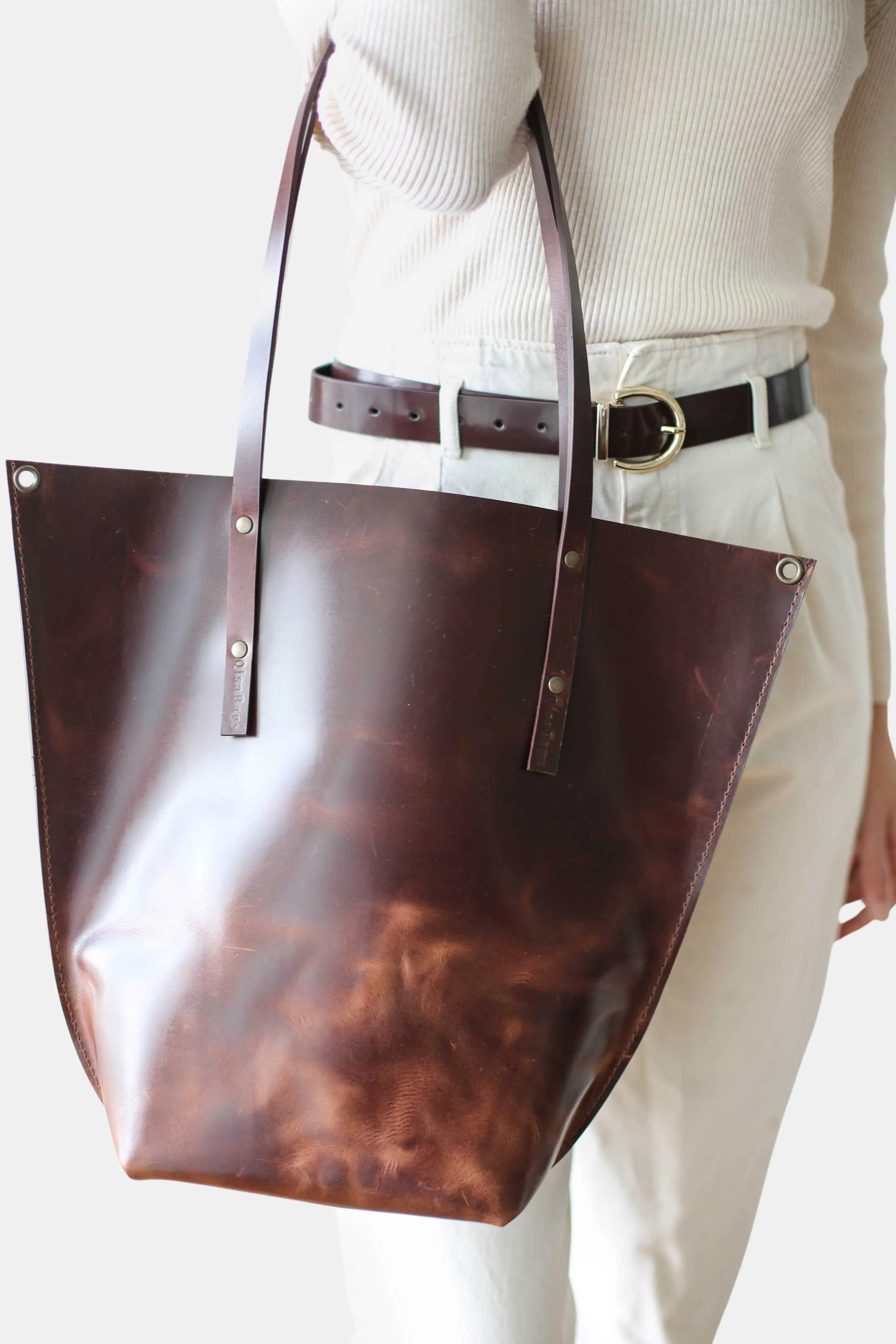 Dark Brown Leather Tote Bag - Boat