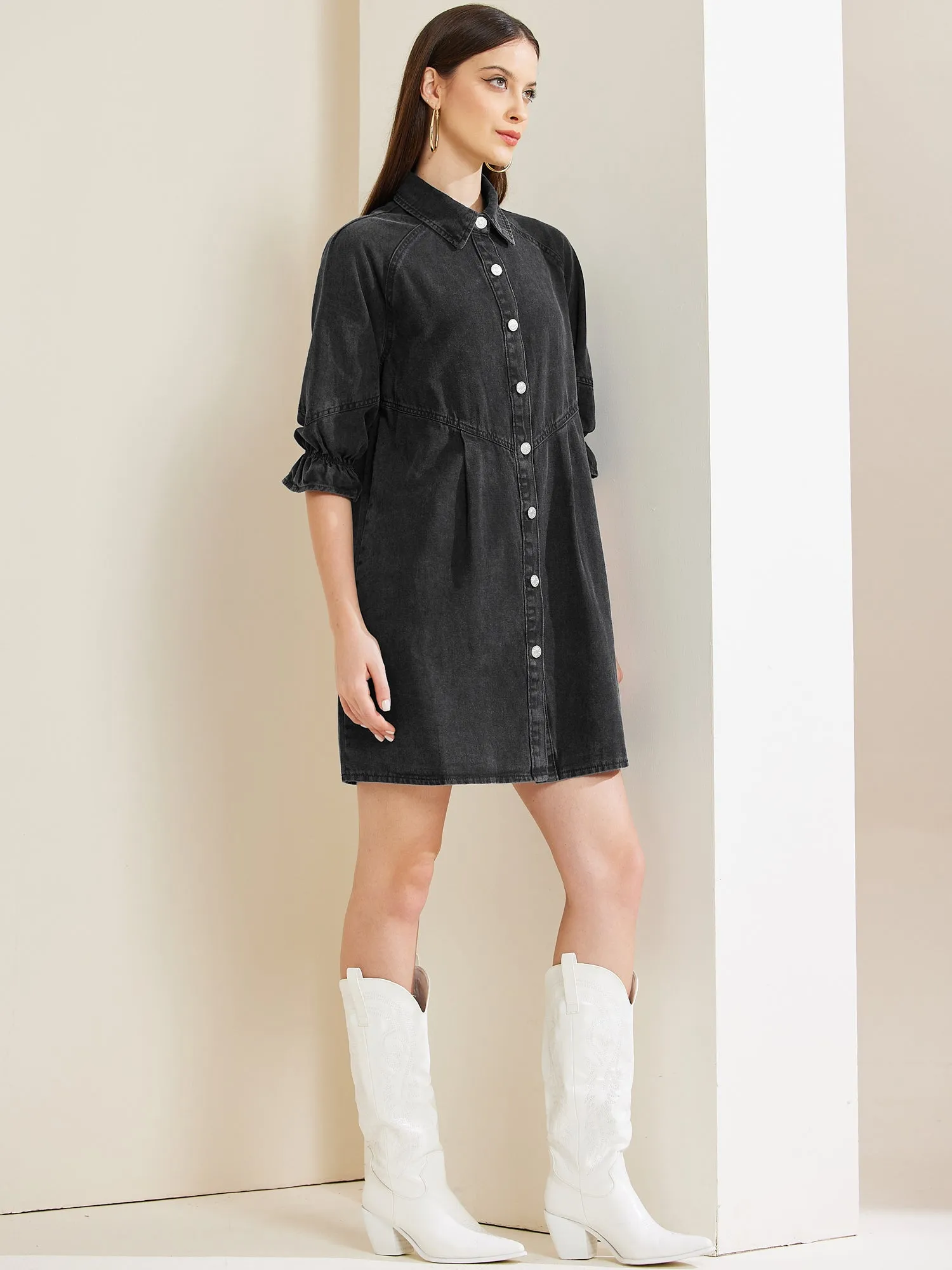 Denim 3/4 Lantern Sleeve Babydoll Mini Jean Shirt Dress