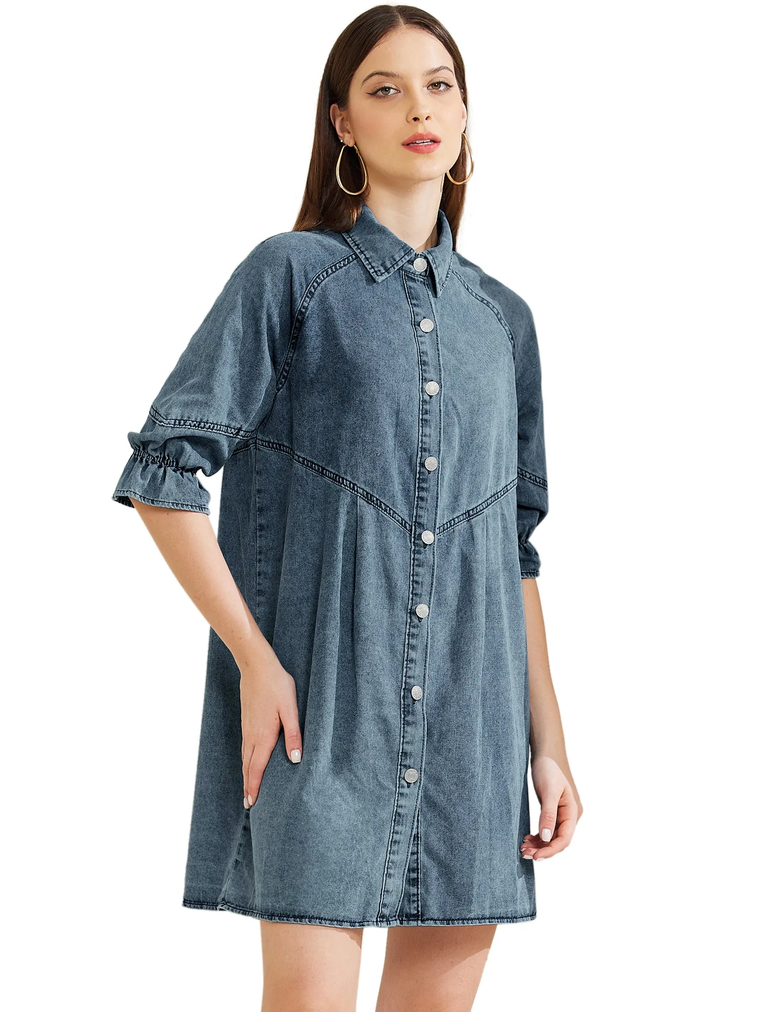 Denim 3/4 Lantern Sleeve Babydoll Mini Jean Shirt Dress