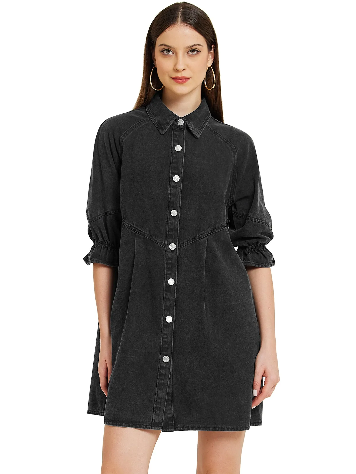 Denim 3/4 Lantern Sleeve Babydoll Mini Jean Shirt Dress