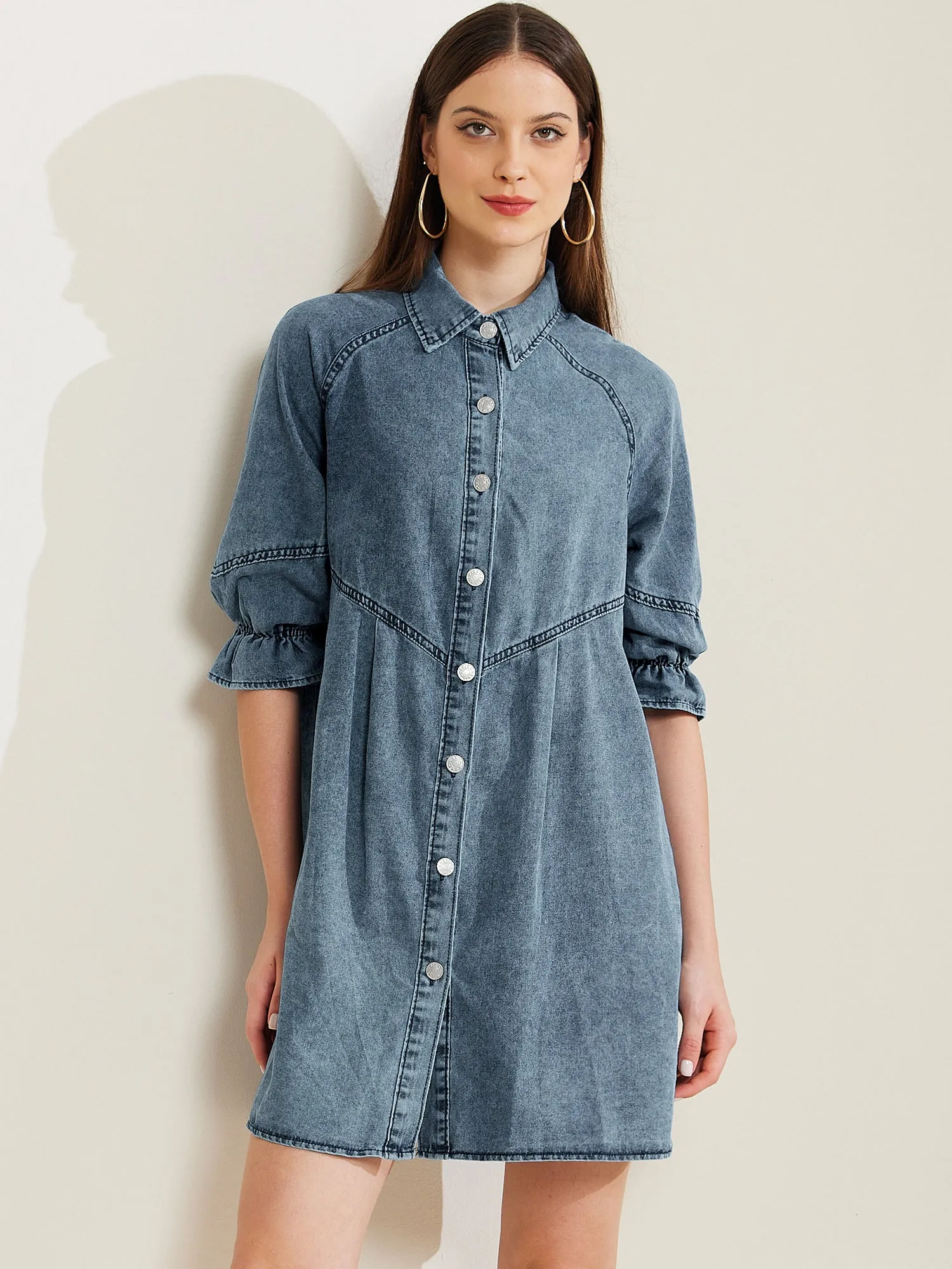 Denim 3/4 Lantern Sleeve Babydoll Mini Jean Shirt Dress