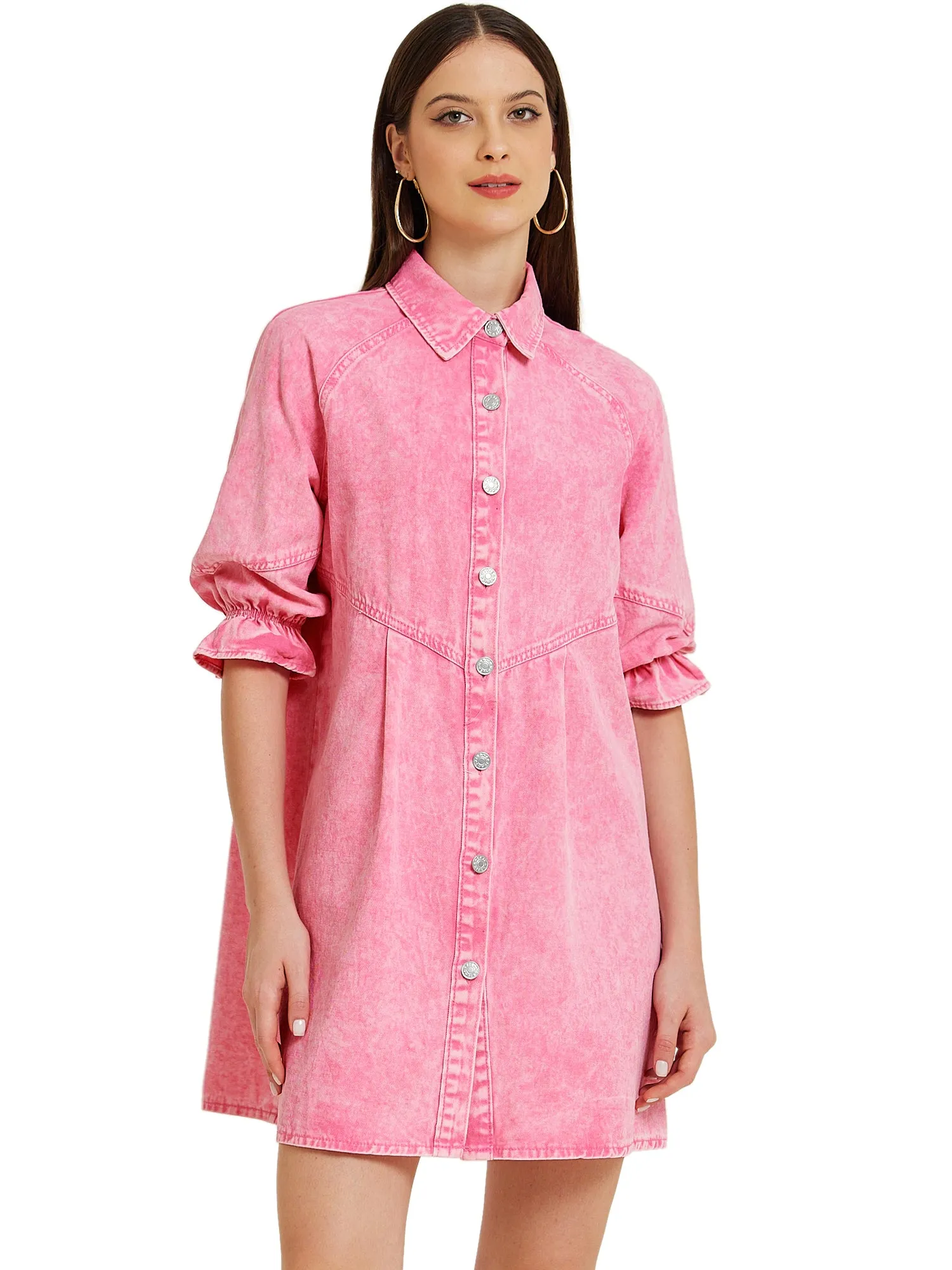 Denim 3/4 Lantern Sleeve Babydoll Mini Jean Shirt Dress