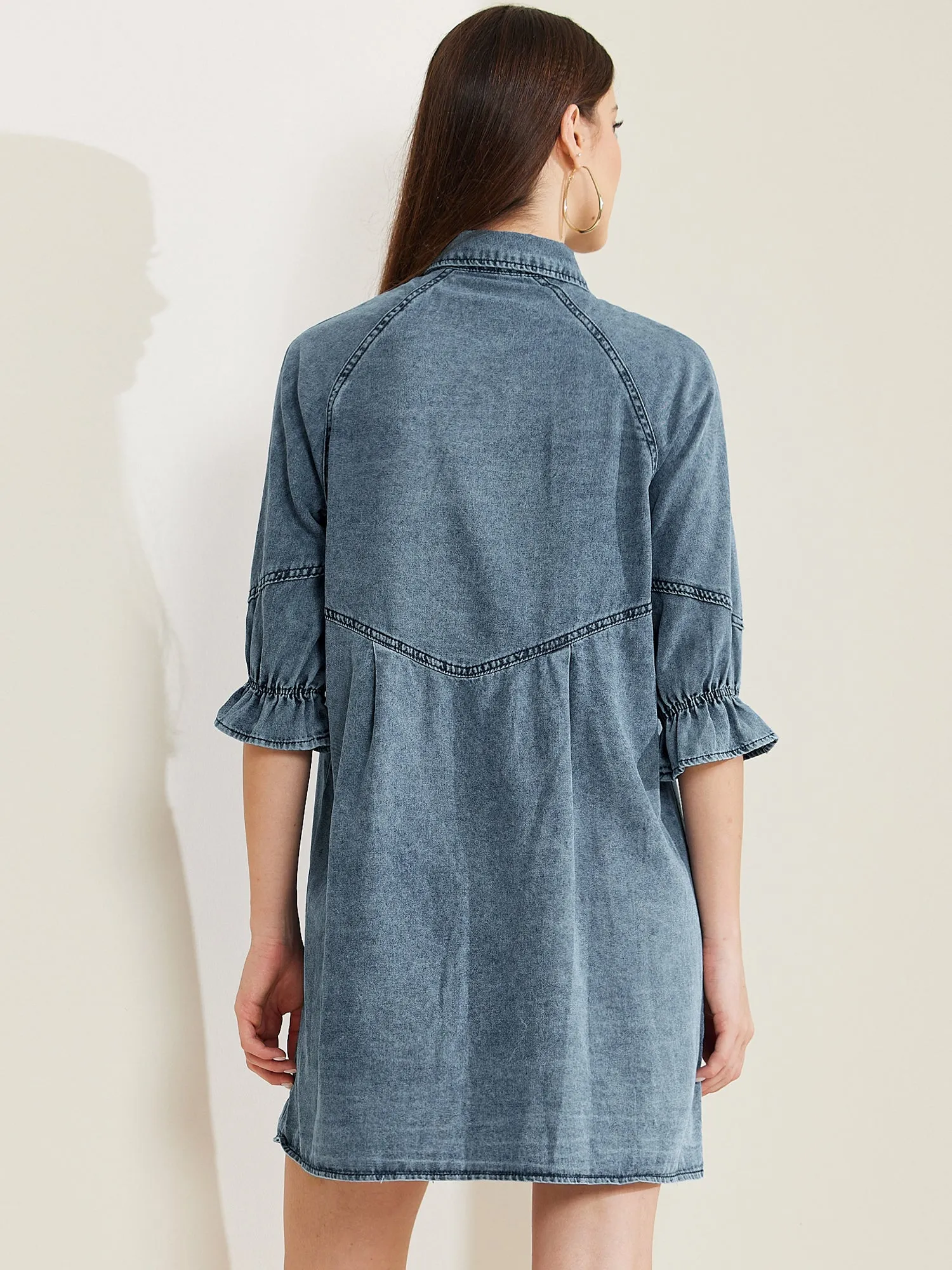 Denim 3/4 Lantern Sleeve Babydoll Mini Jean Shirt Dress