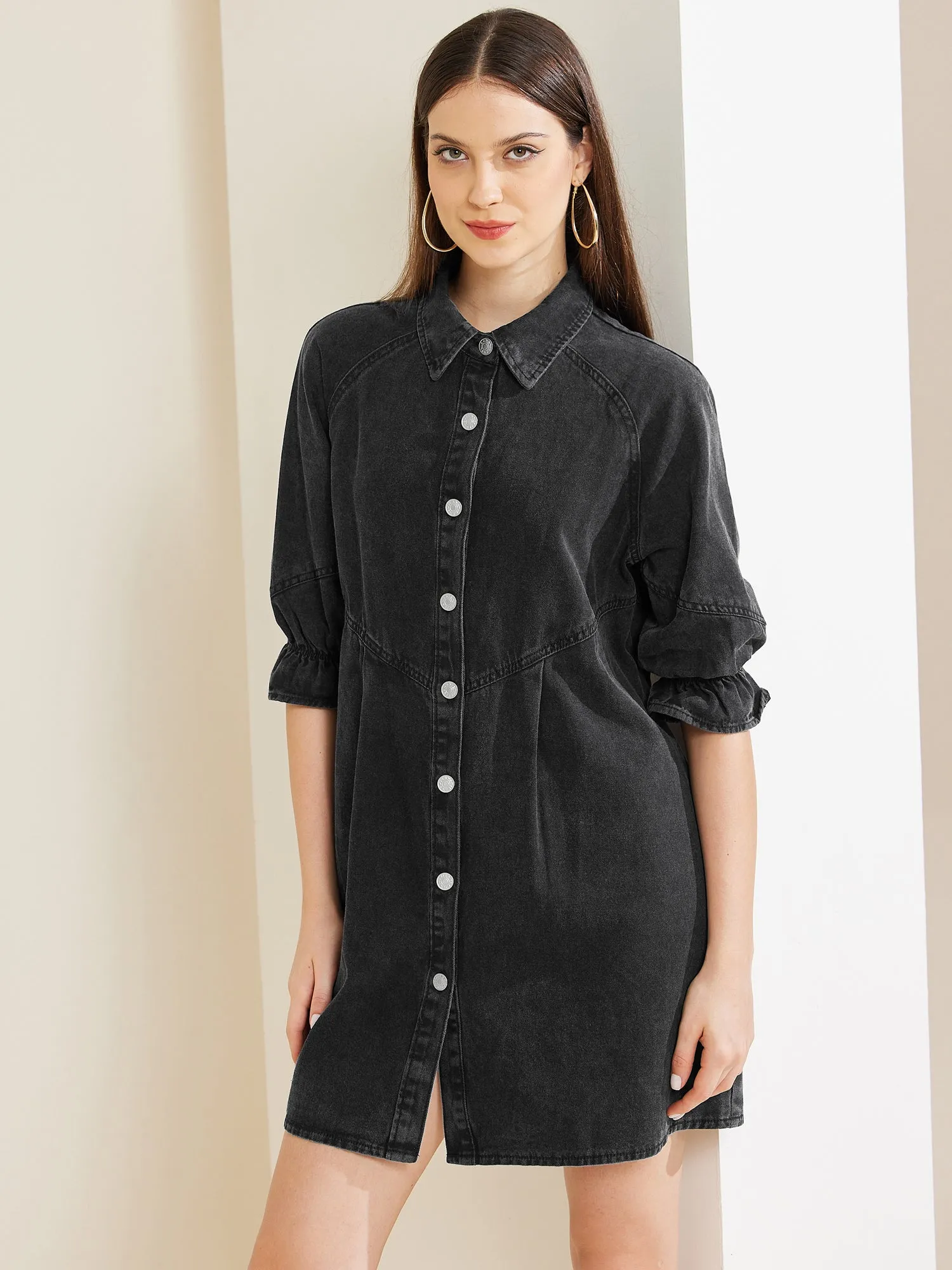 Denim 3/4 Lantern Sleeve Babydoll Mini Jean Shirt Dress