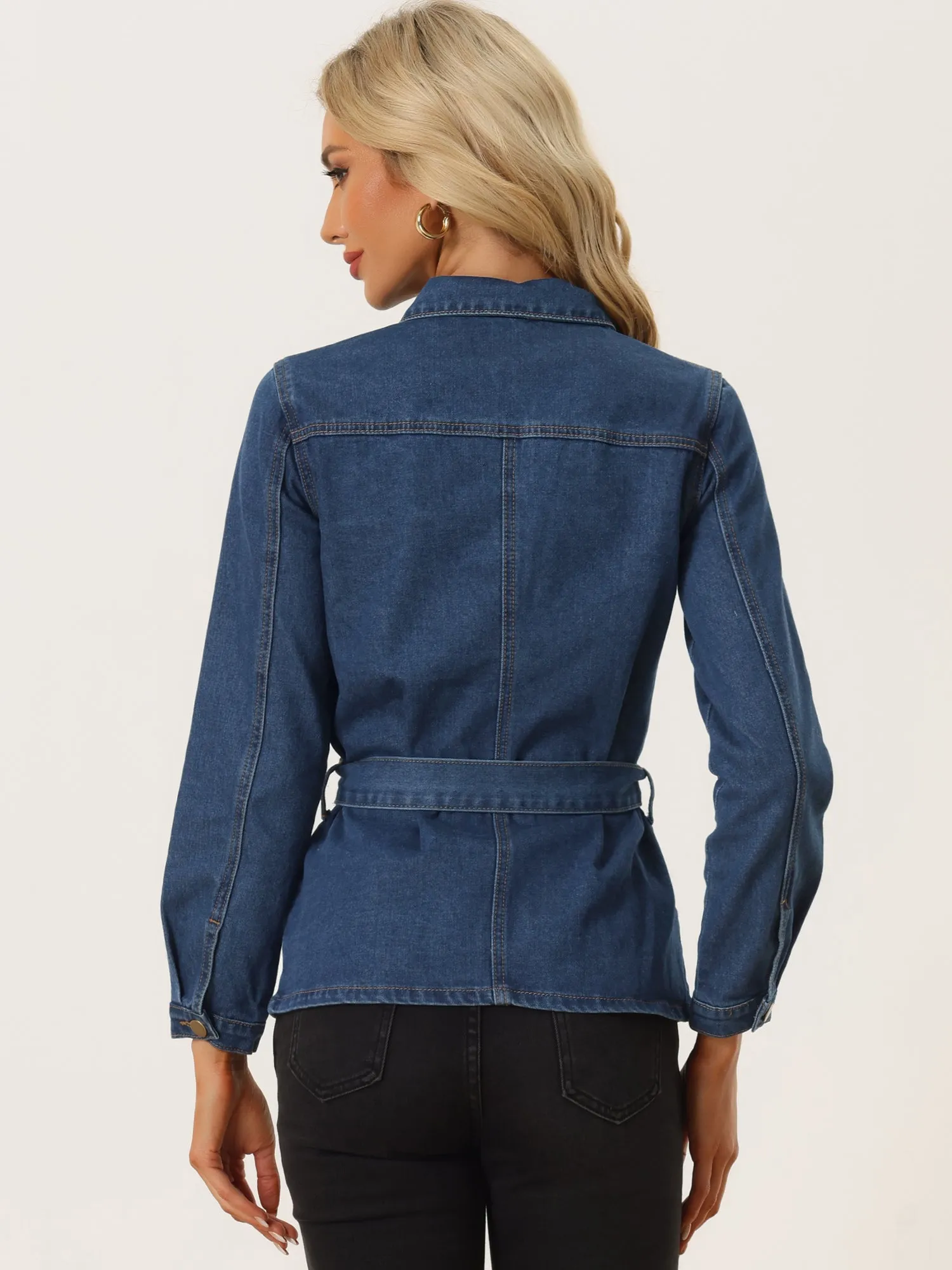 Denim Belted Lapel Collar Single Breasted Jean Jacket