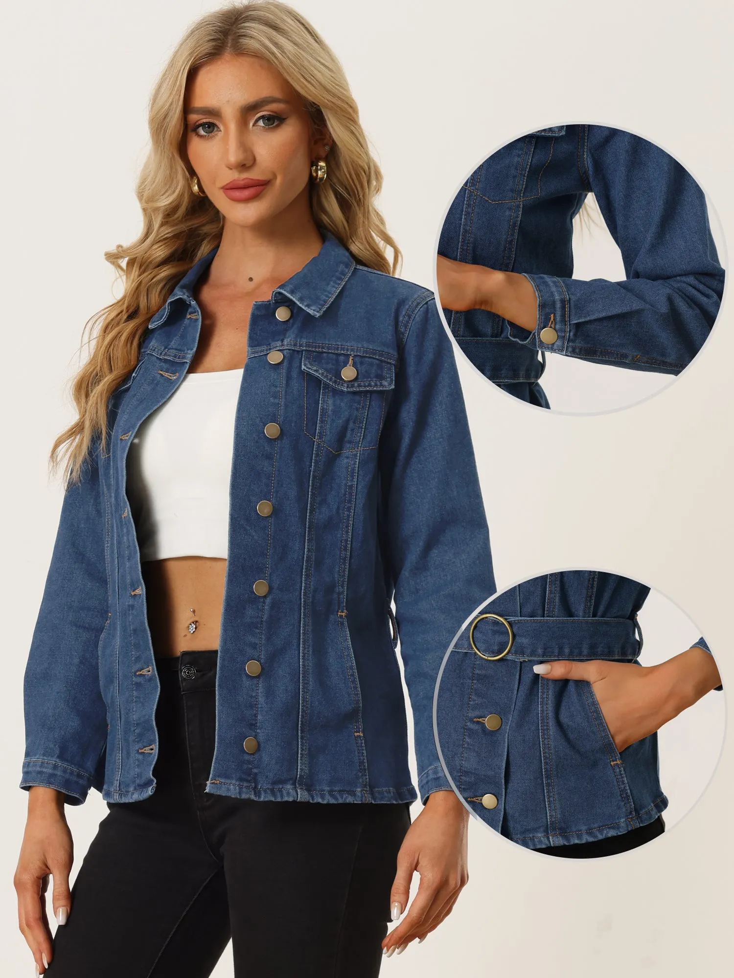 Denim Belted Lapel Collar Single Breasted Jean Jacket