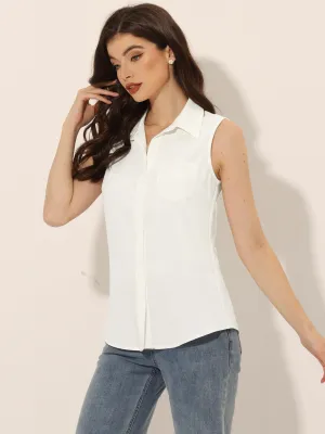 Denim Button Down Sleeveless Lapel V Neck Chambray Tunic Top