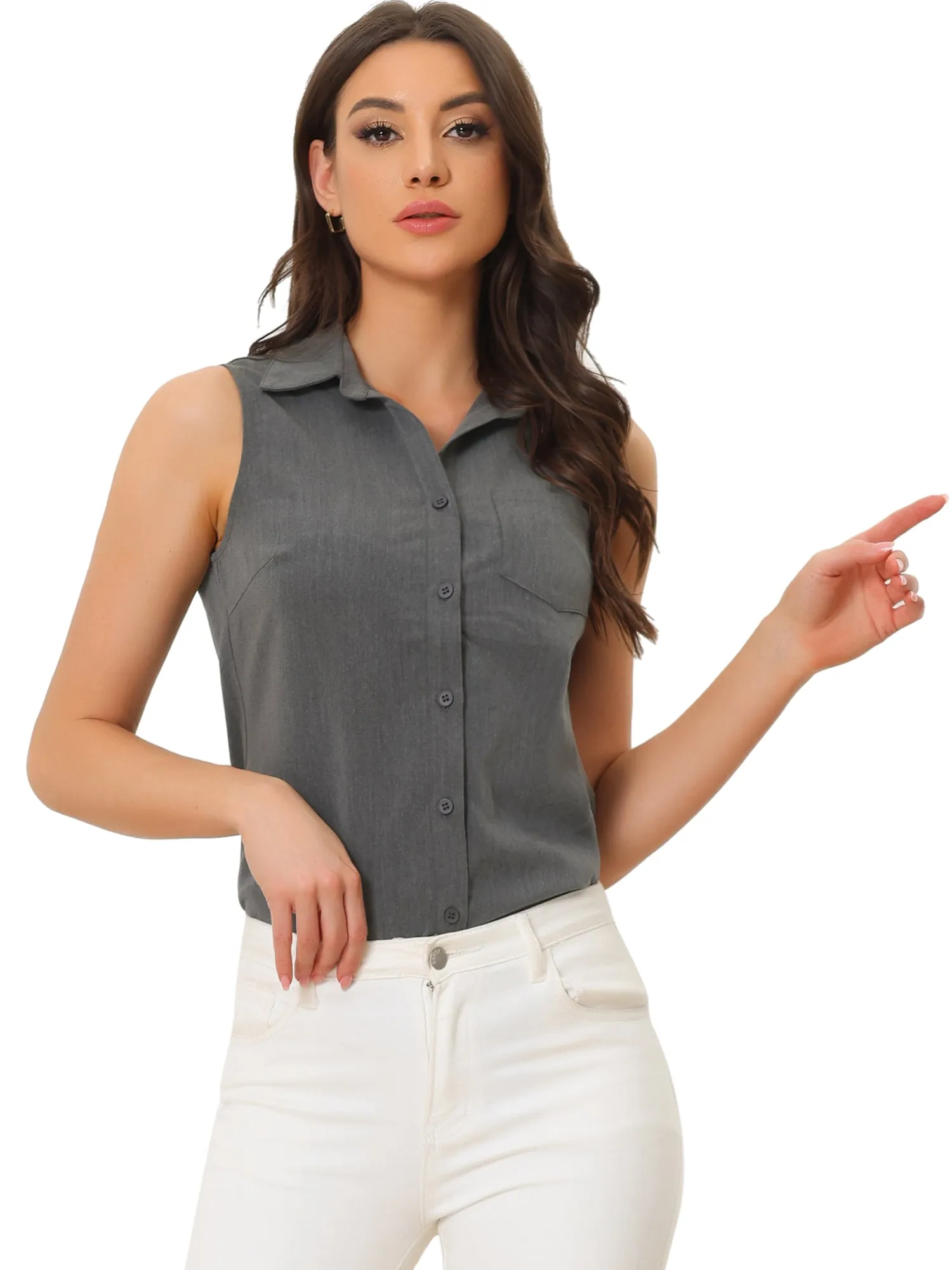 Denim Button Down Sleeveless Lapel V Neck Chambray Tunic Top