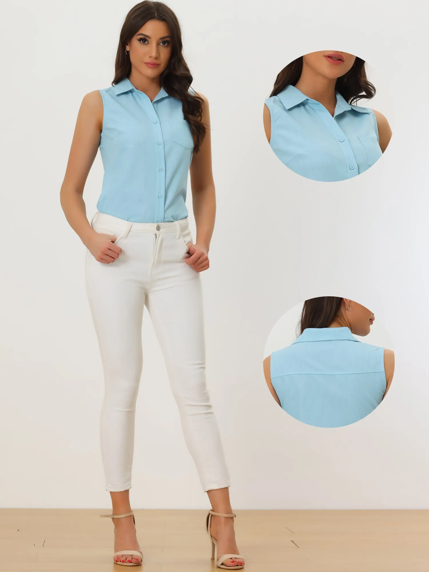 Denim Button Down Sleeveless Lapel V Neck Chambray Tunic Top